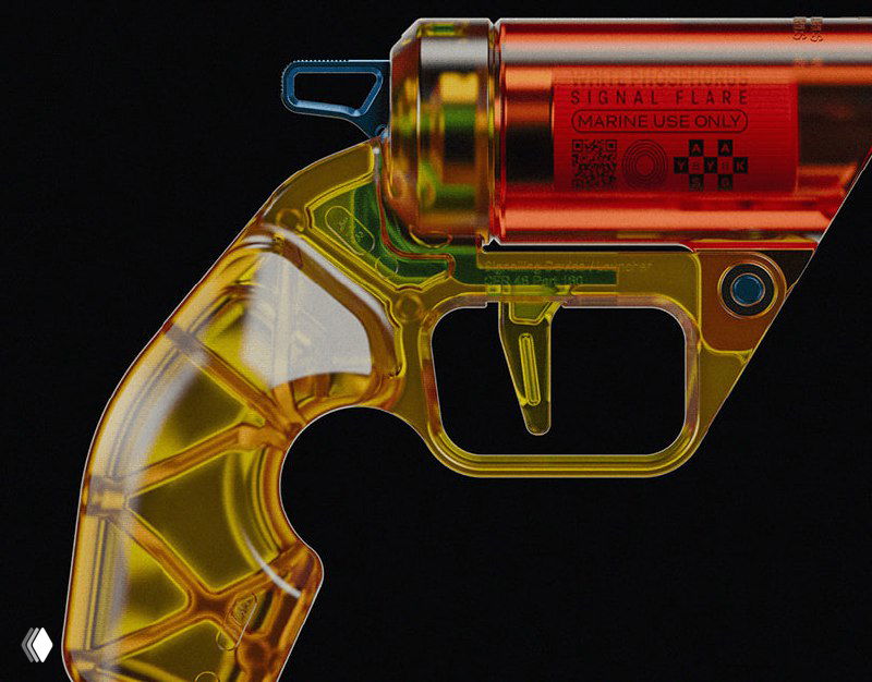 Рендер прозрачного предмета, напоминающего рукоять и баллон — композиция с акцентом на материалы и внутренние детали.