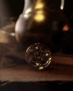 Студийный кадр с отражающей стеклянной сферой на переднем плане и тёмным кувшином на заднем плане; мягкая подсветка подчёркивает материал и блики в анимированном натюрморте, стилизованном под фламандскую живопись.