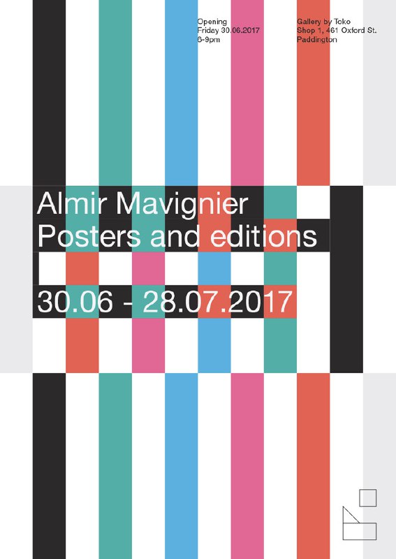 Плакат в полосатой структуре с цветными прямоугольниками и наложенным текстом «Almir Mavignier Posters and editions», строгая типографская сетка.