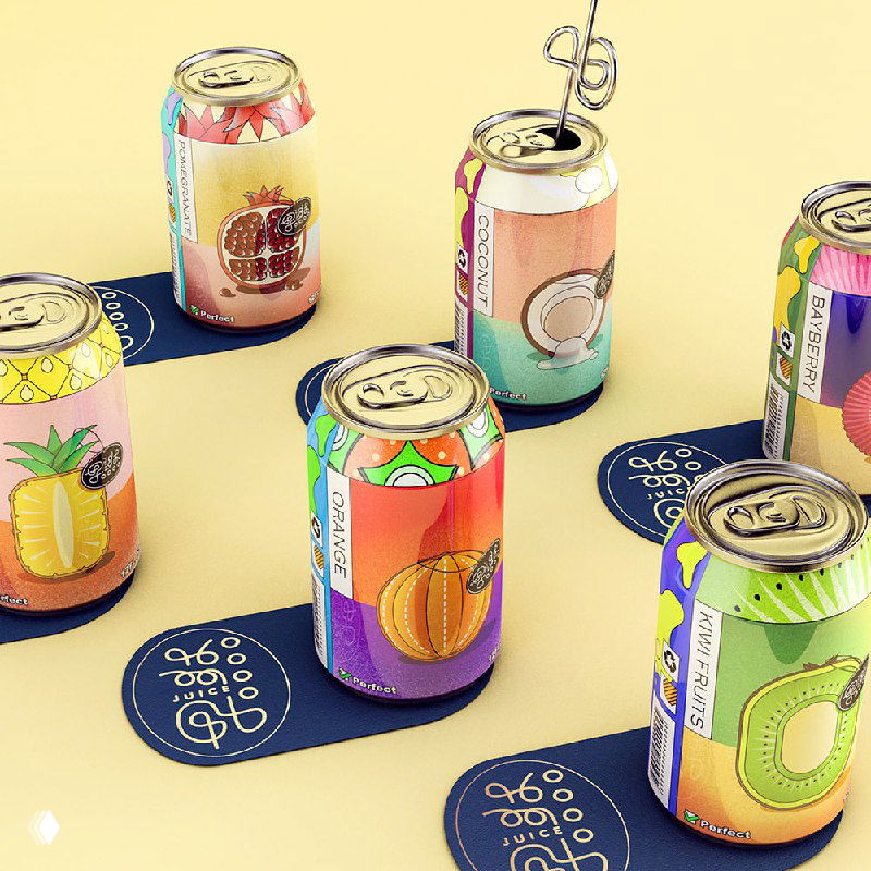 Несколько алюминиевых банок с яркими этикетками и абстрактными иллюстрациями фруктов, расставленные на нейтральном фоне студийной фотосессии.