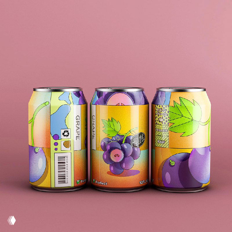 Три баночки сока в ряд: на этикетках виноградная тема, мягкие пастельные тона и декоративные элементы в стиле современной иллюстрации.