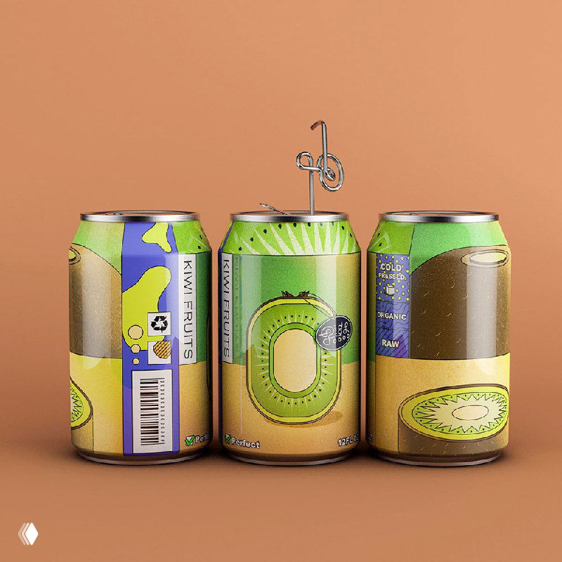 Три банки с зеленой и желтой упаковкой с изображением киви и стилизованными растительными формами на фоне теплого оттенка.