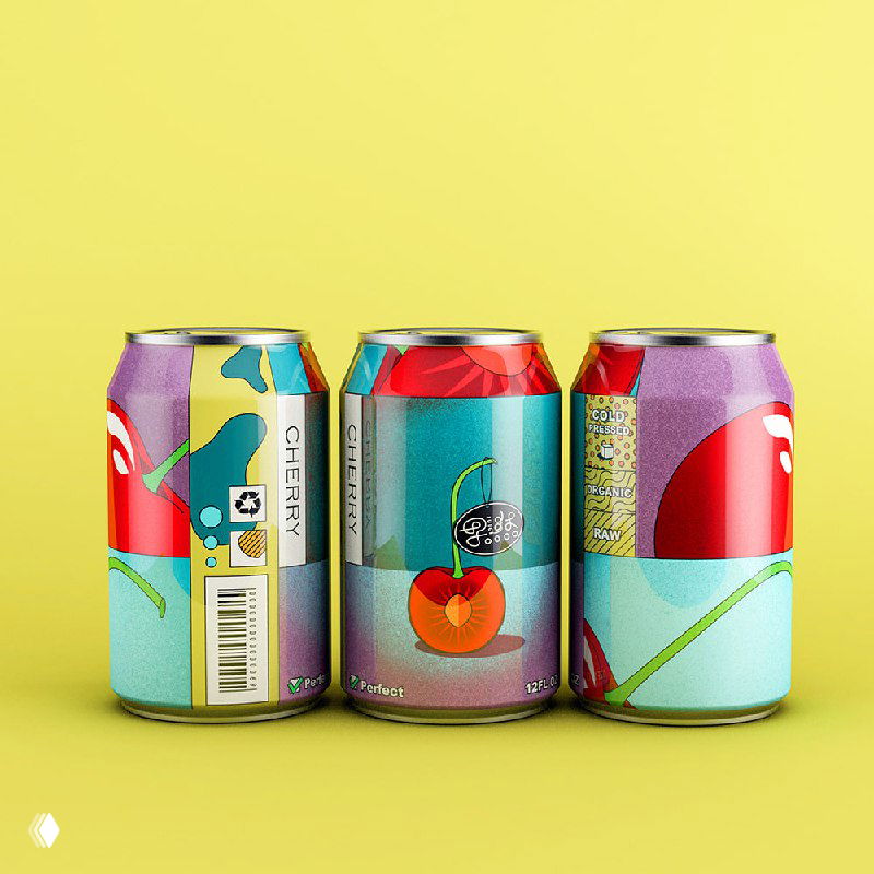 Ряд банок с яркими контрастными этикетками: тема вишни и фруктовых зарисовок на насыщенно-желтом фоне фотосъемки продукта.