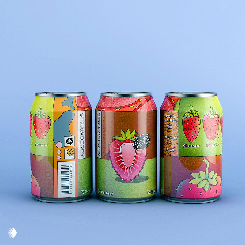 Три банки со стилизованными ягодными мотивами: клубника и земляника в игривой графике на светло-голубом фоне.