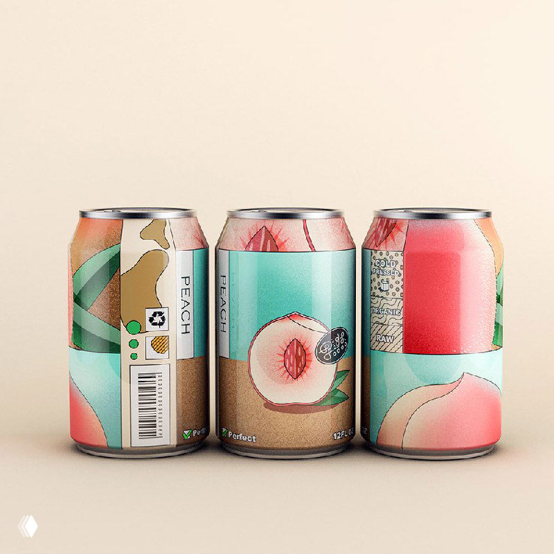 Три банки с пастельными персиковыми иллюстрациями: персик в центре композиции и минималистичные декоративные блоки на этикетке.