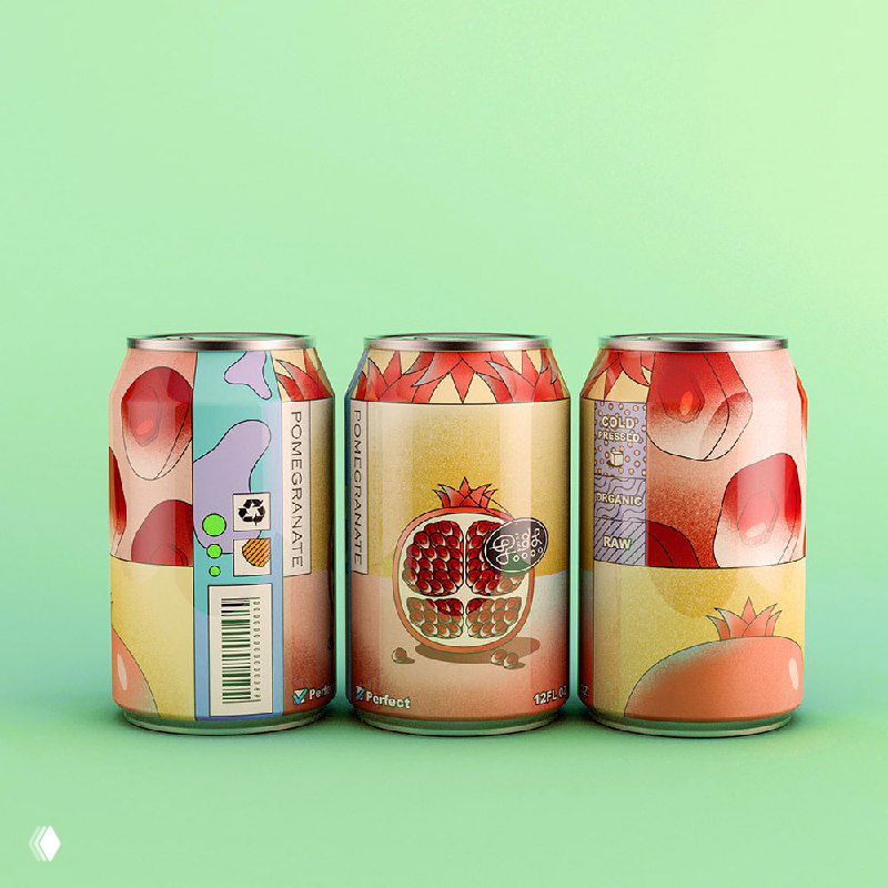 Серия банок с рисунком граната и декоративными геометрическими элементами на мягком зелёном фоне — демонстрация вариативности серии из 16 штук.