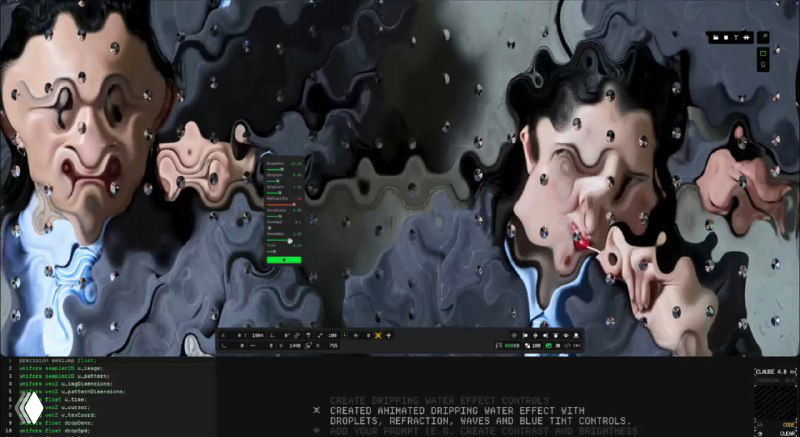 Главный экран с применённым шейдером глитч: искажённые лица и волнообразная текстура поверх бруталистского интерфейса сайта Control