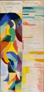 Страница с яркими кругами и мазками акварели слева и колоночным печатным текстом справа — сочетание образа и поэтической строки в оформлении 1913 года.