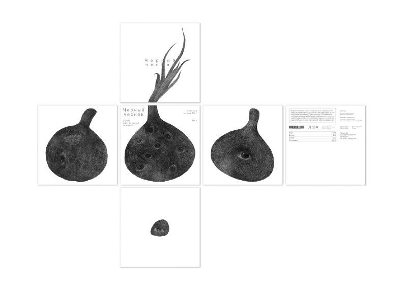 Развёртка макета упаковки чёрного чеснока в чёрно‑белой графике, показаны панели и расположение иллюстраций и штриховки