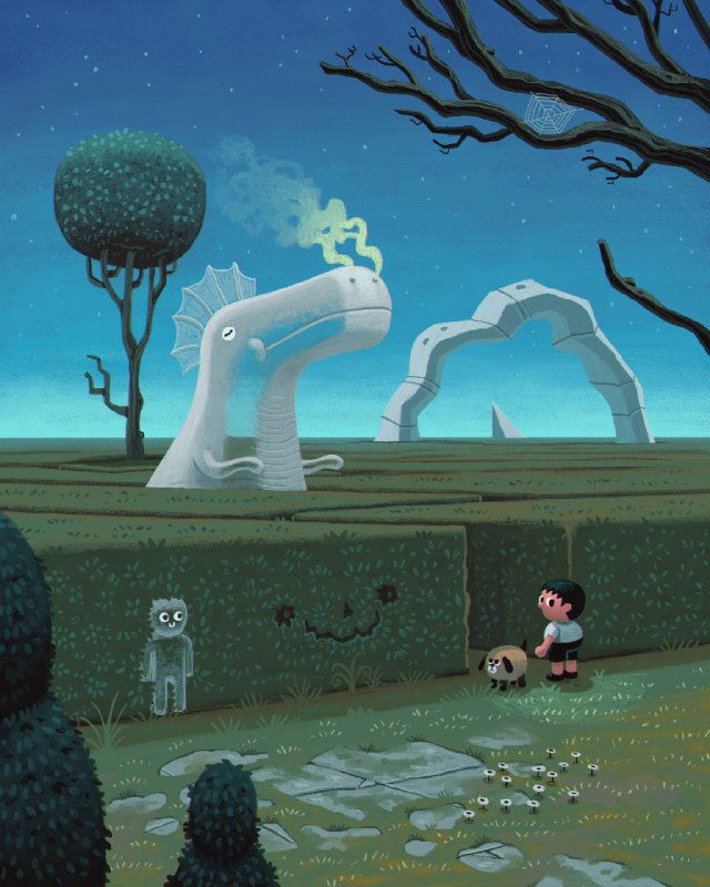 Ночная иллюстрация Даниэля Шаффера: мальчик и собака среди странных ландшафтов и арок, атмосфера загадочности с мягкой палитрой.