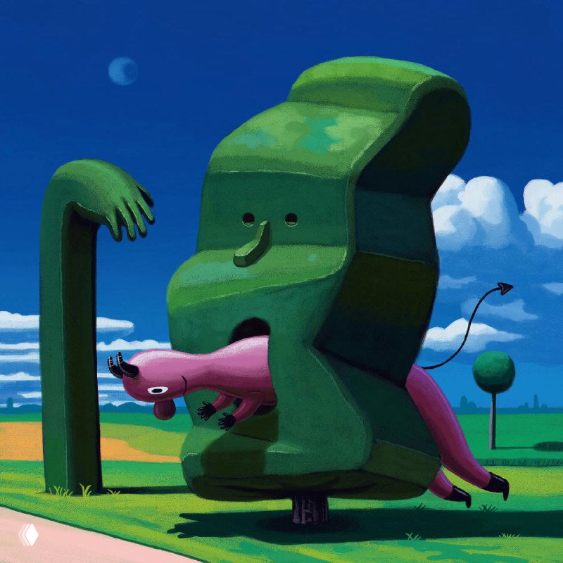 Яркая картина: странная крупная скульптуроподобная форма и розовое животное, стилизованная рекреация природы в мультяшной манере Даниэля Шаффера.