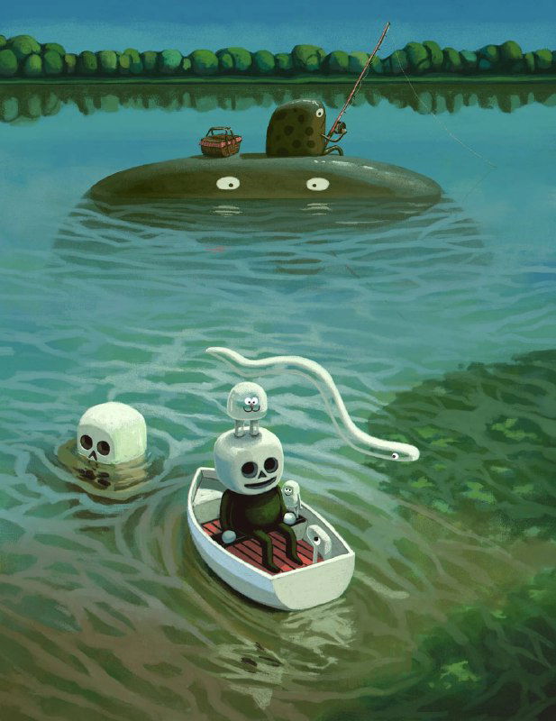 Иллюстрация с лодкой и черепами: крошечные персонажи в лодке среди спокойного озера, сочетание милоты и лёгкой зловещести у Даниэля Шаффера.