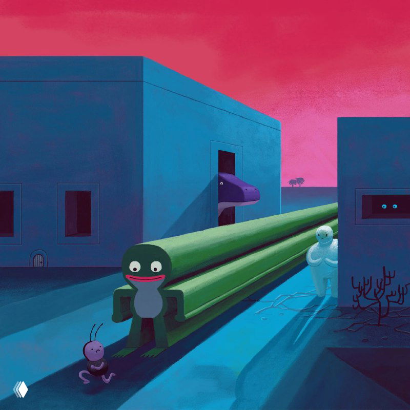 Городская сцена в пастельных тонах: длинные трубчатые конструкции и мультяшные существа — ощущение сюрреалистического утра в пригороде.