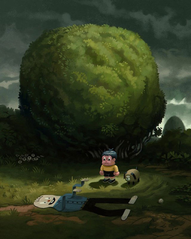 Пейзаж с огромным кустом и маленьким персонажем у его основания — тихая, немного мрачная сцена с элементами детской сказки и сюрреализма.