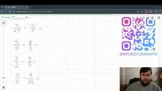 Скриншот урока: лист с примерами сложения дробей для ОГЭ, расчёты и мини‑окно с преподавателем; виден QR‑код канала.