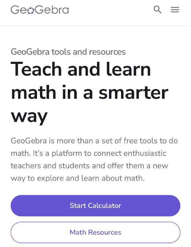 Скриншот главной страницы GeoGebra с описанием платформы и кнопками для запуска калькулятора и учебных ресурсов по математике.