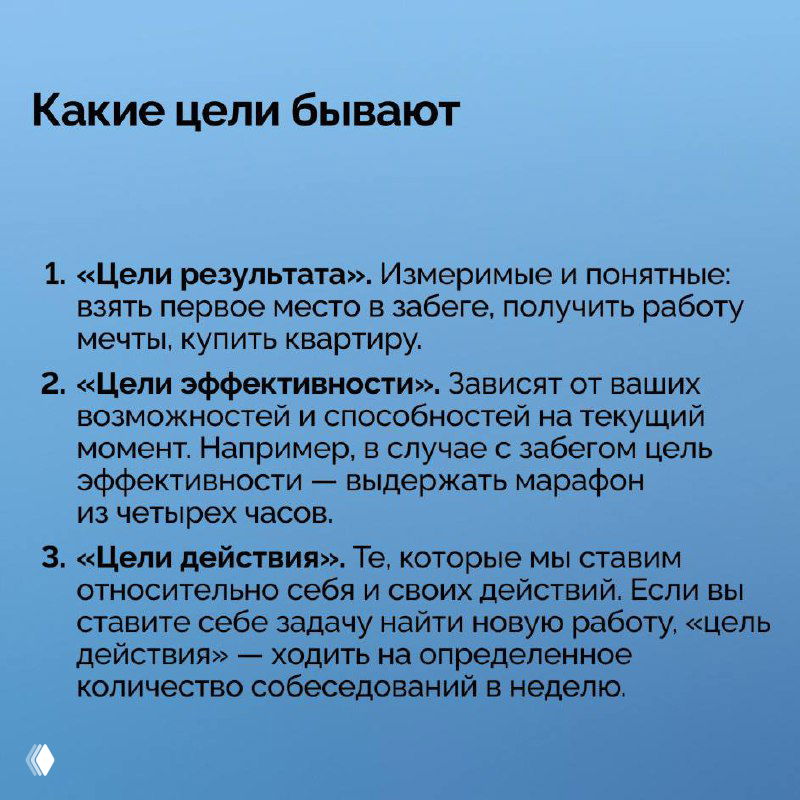 Слайд «Какие цели бывают»: перечисление типов целей (цели результата, цели эффективности, цели действия) на синем фоне, краткие пояснения под заголовком.