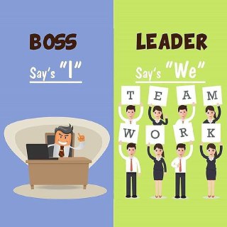 Иллюстрация: контраст — слева босс за столом в одиночестве, справа лидер с командой, держат буквы TEAMWORK и подчёркивают «мы».