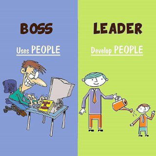 Иллюстрация: слева показан босс, использующий людей как ресурс, справа лидер, развивающий сотрудников и помогая им расти профессионально.