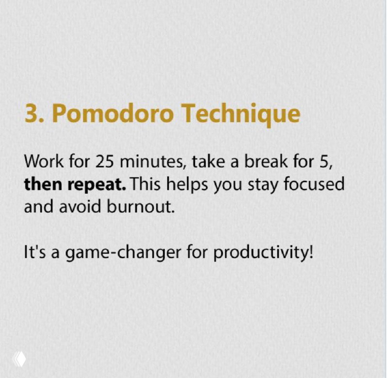 Слайд с заголовком «Pomodoro Technique»: инструкция работать 25 минут и делать перерыв 5 минут; бежевый фон и контрастный текст для акцента.