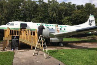 Внешний вид салона красоты, обустроенного в винтажном самолёте «Амбер»: самолёт с подъёмной лестницей и входной площадкой на фоне зелёных насаждений.