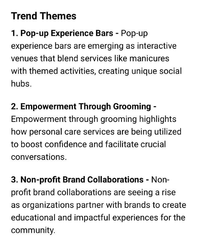 Фрагмент слайда исследования с заголовком «Trend Themes» и перечислением пунктов про pop-up experience bars, grooming и бренд‑коллаборации в бьюти‑трендах.