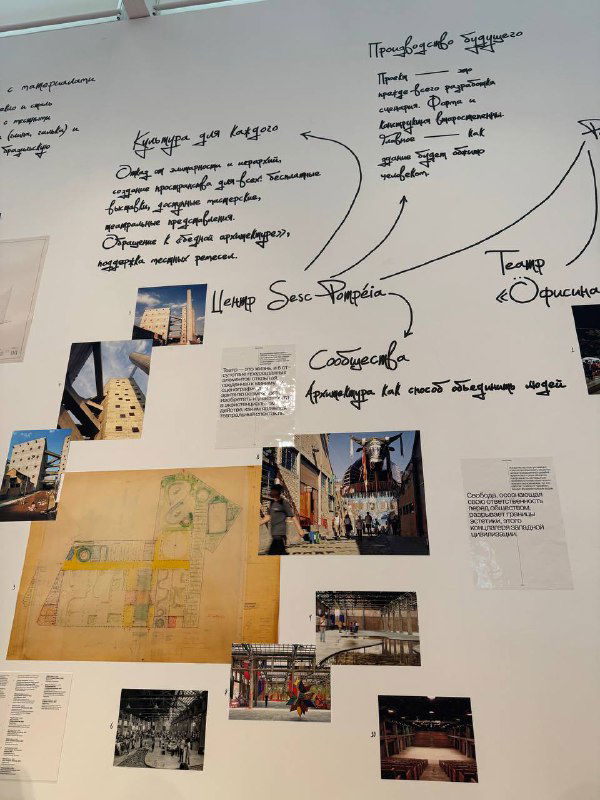 Коллажи и подписи на стене экспозиции, где собраны планы, фотографии и заметки о SESC Pompéia и связанных с ним социальных проектах.