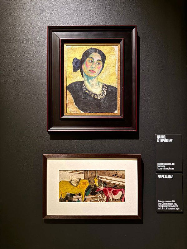 Портрет цыганки Давида Штеренберга (1913) и небольшая брошюрная графика под ним — рамы, текстуры и музейные подписи.