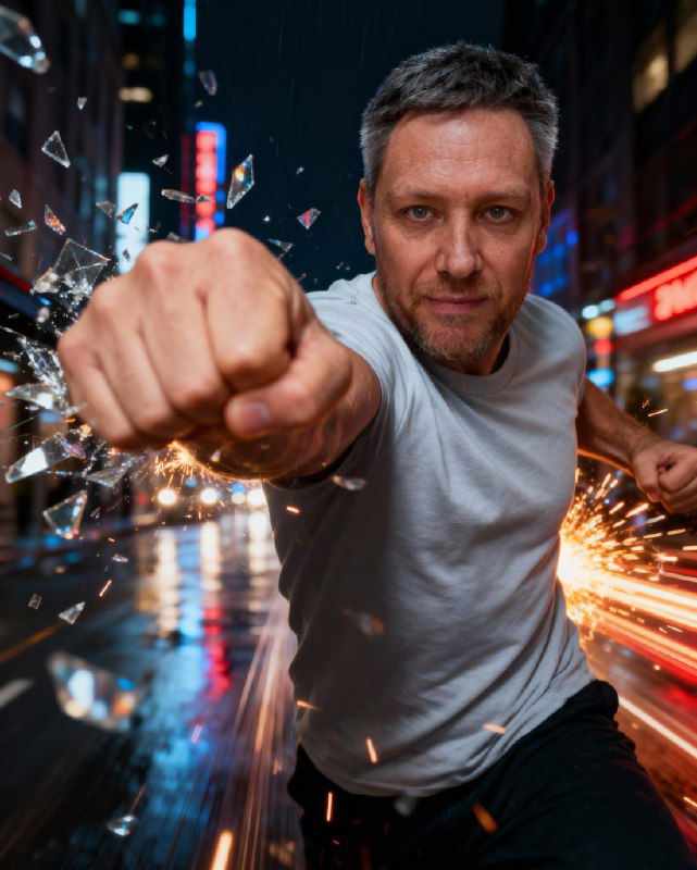 Динамичный экшн-кадр: мужчина наносит удар на мокрой городской улице с эффектами осколков и световыми вспышками, чувству экшна.