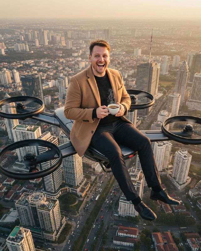 Мужчина с чашкой кофе сидит на краю крыши небоскрёба, внизу городской пейзаж — лёгкое настроение и ощущение высоты в кадре.
