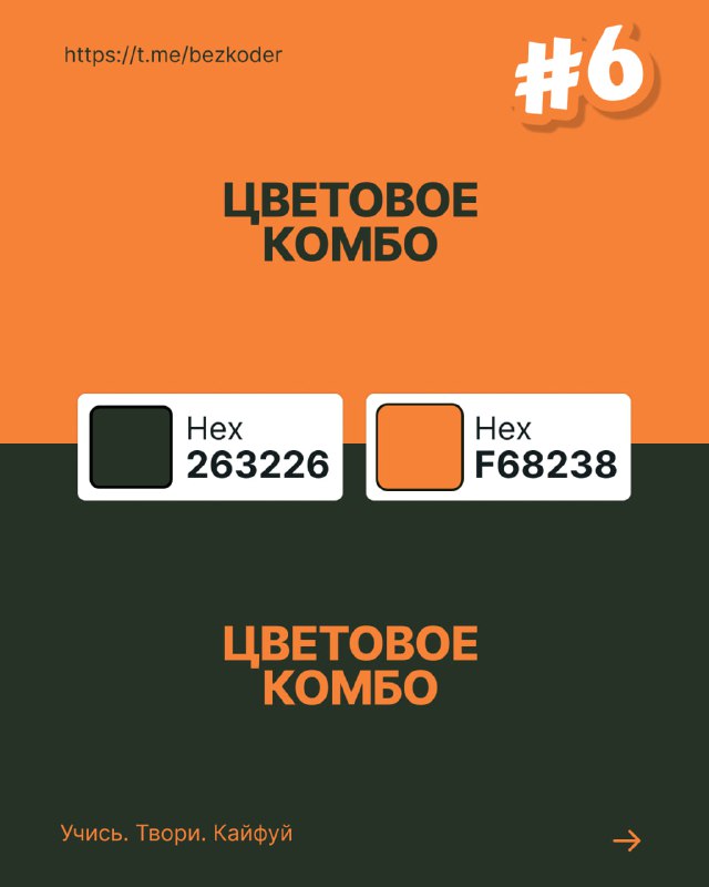 Слайд с цветовым комбо №6: тёмно-зелёный и ярко-оранжевый блоки с HEX-подписями, сочетание, придающее уверенность и силу визуалу бренда или интерфейса.