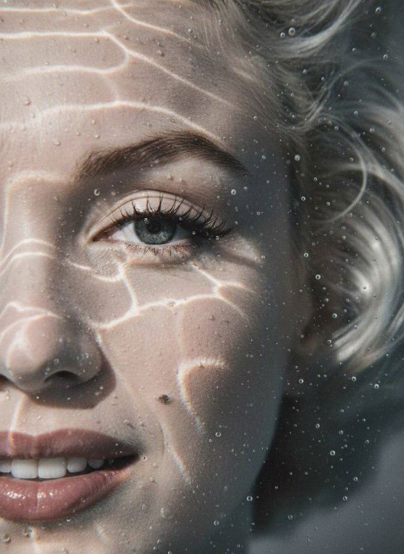 Портретная деталь женщины: половина лица под водой, яркие отражения света на коже, подчеркнуты ресницы и текстуры, присутствуют пузырьки.