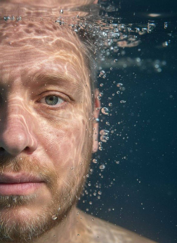 Фрагмент мужского лица под водой: правая часть кадра с пузырьками и тонкими световыми линиями на коже, мелкие детали текстуры видны.