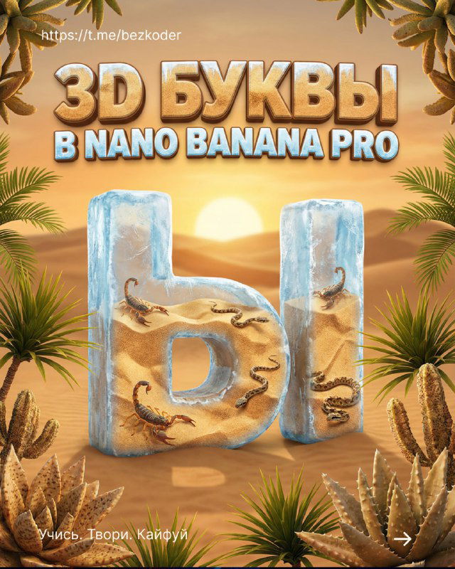 Обложка: крупная 3D-буква из прозрачного льда и стекла на фоне заката, окружена тропическими растениями и декоративными элементами, рекламный постер