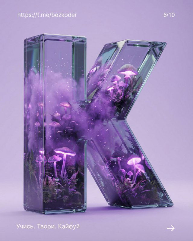 3D-буква K с пурпурным туманом и грибными структурами внутри, атмосферный дизайн и текстурные эффекты, современный стиль рендера
