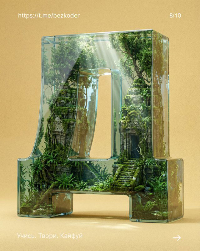 3D-буква A с плотной тропической зеленью и руинами внутри, солнечные лучи проникают внутрь, насыщенный текстурный мир и реалистичный рендер