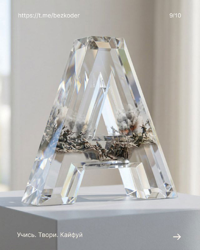 3D-буква A как кристалл: многогранная поверхность, внутри миниатюрный пейзаж и сложные отражения, светлый интерьерный фон и фотореализм