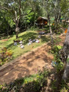 Участники практики на открытой лужайке ретрита: белая одежда, ровные ряды, окружение деревьев и спокойный природный ландшафт.