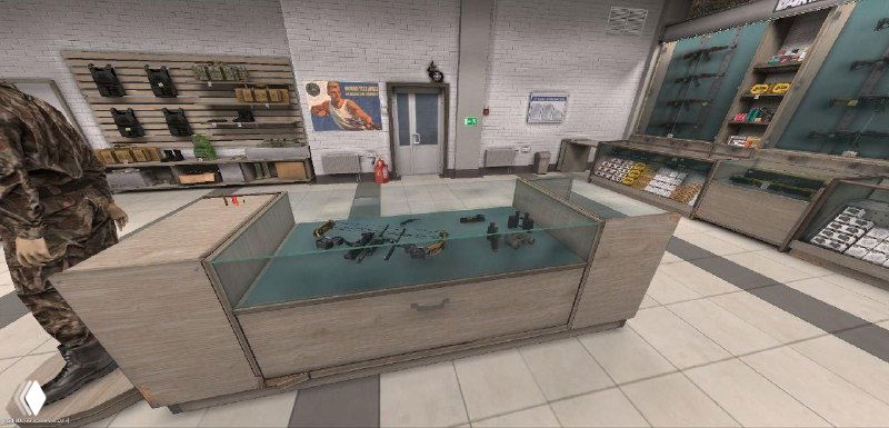 Прилавок и витрина с разложенным оружием в магазине Black Russia: крупный план витрины, оружие на стекле и элементы интерьера вокруг.