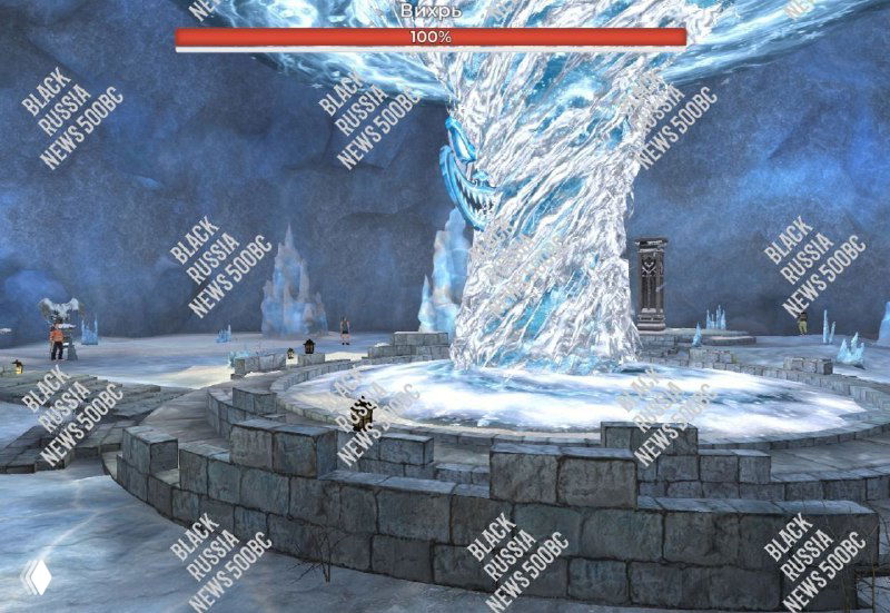 Игровой вид центра арены «Иллюзия Наяву»: круглая платформа вокруг крупного снежного вихря и элементы окружения на фоне.