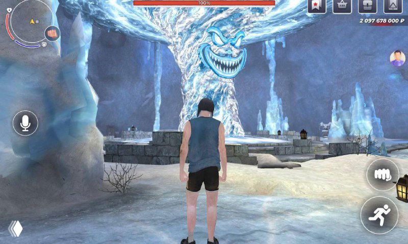 Игровой скриншот Black Russia: персонаж смотрит на морозную локацию с большой ледяной фигурой-иллюзией, видны элементы HUD и зимняя стилистика.