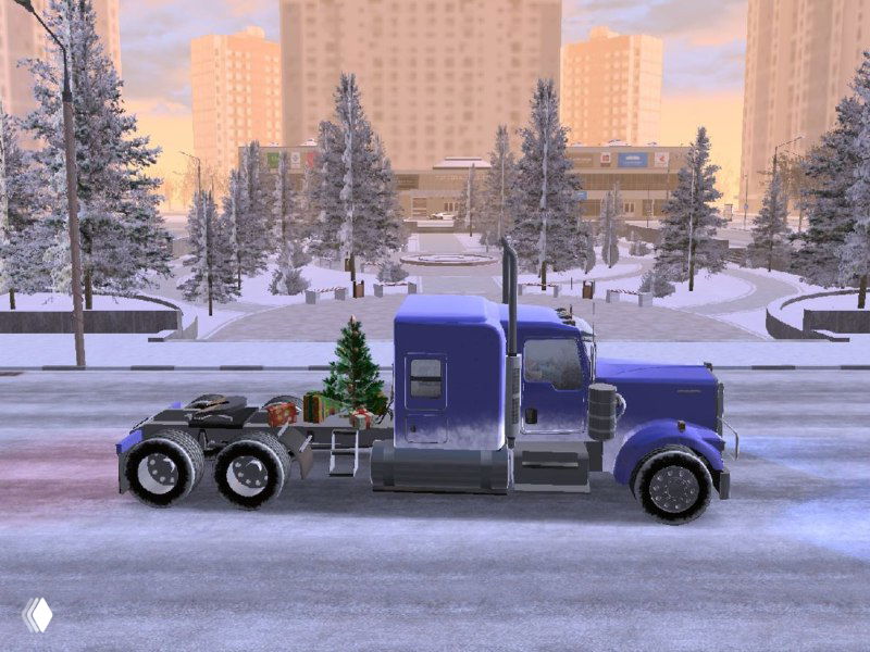 Боковой профиль синего Kenworth W900L в зимнем городе; чётко видны кабина, колесная база и элементы тюнинга на фоне городского пейзажа.