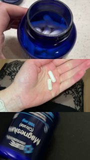 Крупные планы: открытая банка с капсулами магния и несколько капсул в ладони на фото — видно форму и размер добавки.