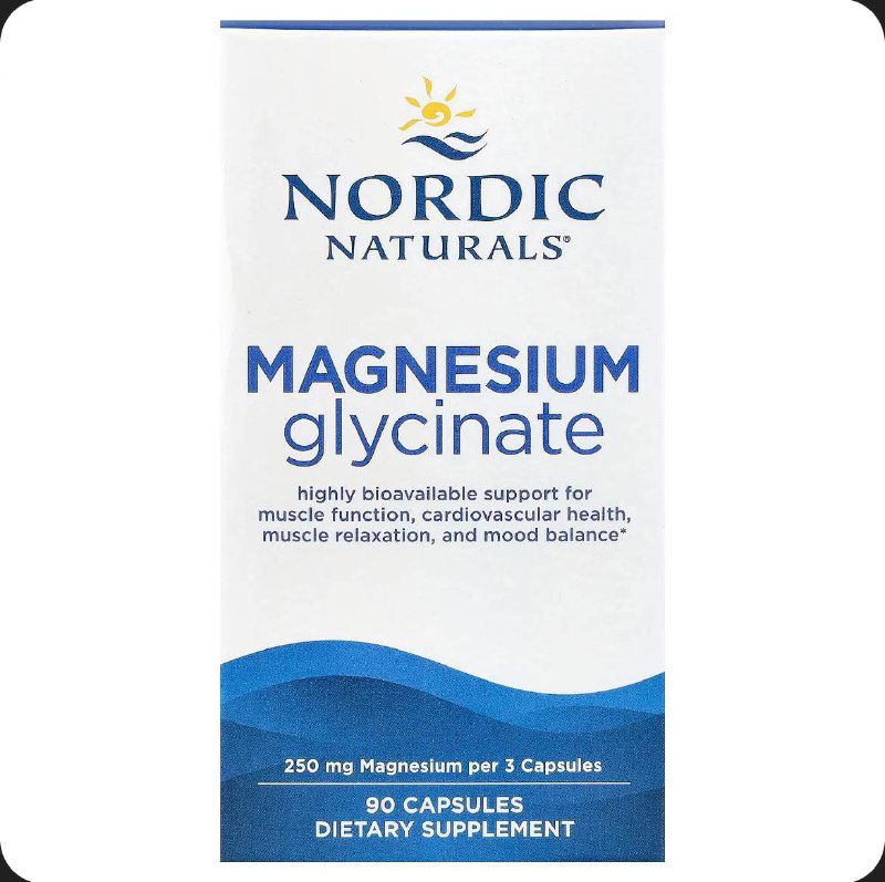 Коробка Nordic Naturals Magnesium glycinate на белом фоне — фронтальная упаковка с указанием дозировки и формы таблетки.