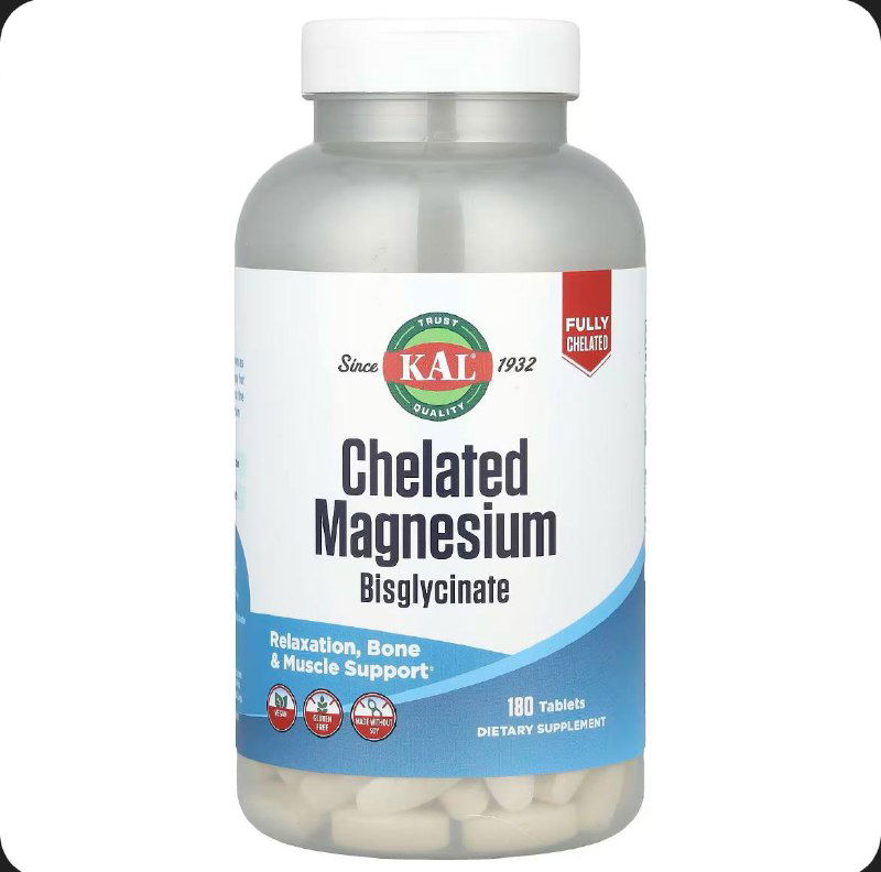 Бутылка KAL Chelated Magnesium Bisglycinate на белом фоне — видна крупная бело‑синяя этикетка и формат капсул внутри.