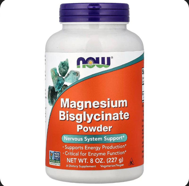 Бутылка NOW Magnesium Bisglycinate Powder — пластиковая банка порошка с этикеткой, крупный план названия и объёма продукта.