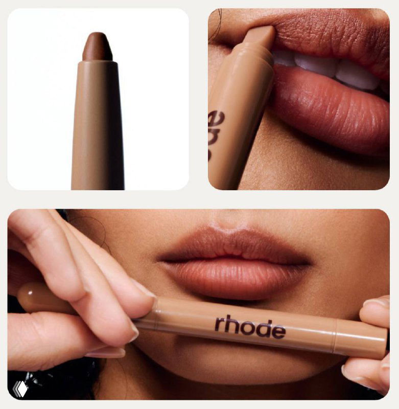 Коллаж со свотчами и крупными планами карандаша Rhode: стержень, нанесение на губах и логотип на бежевом корпусе.