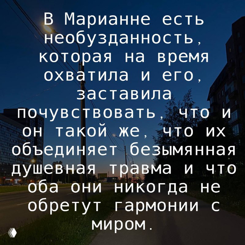 Сумеречная улица с жилыми домами и перспективой; крупным шрифтом наложена цитата о Марианне и её неукротимости из текста романа.
