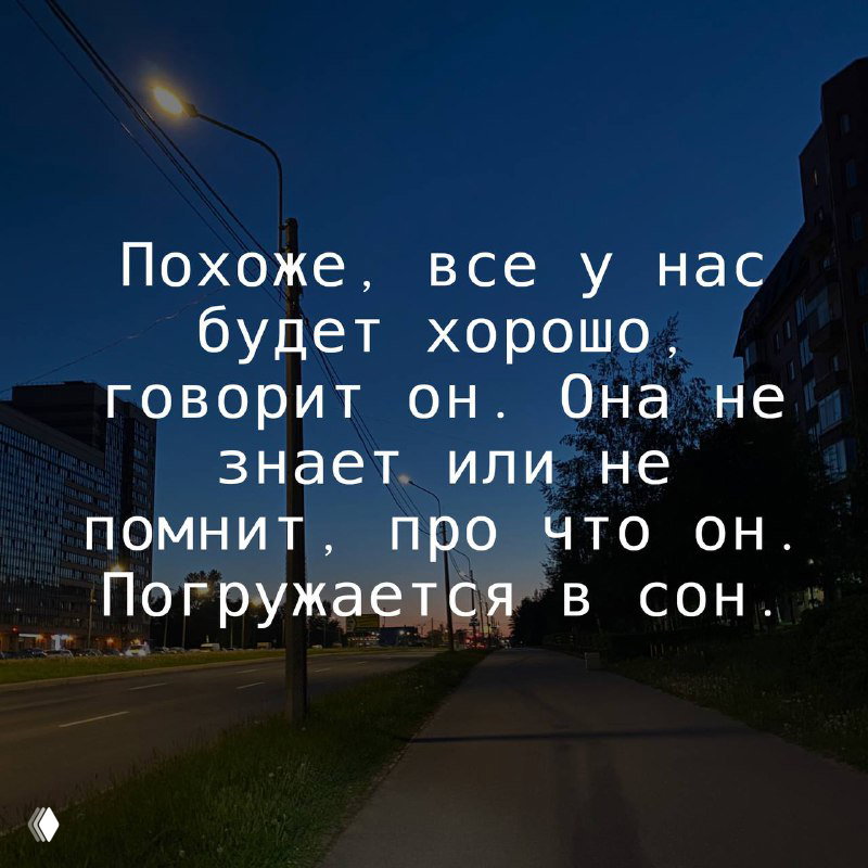Городской пейзаж в сумерках с одной крупной белой цитатой о погружении в сон и бытовой беседе между героями романа.