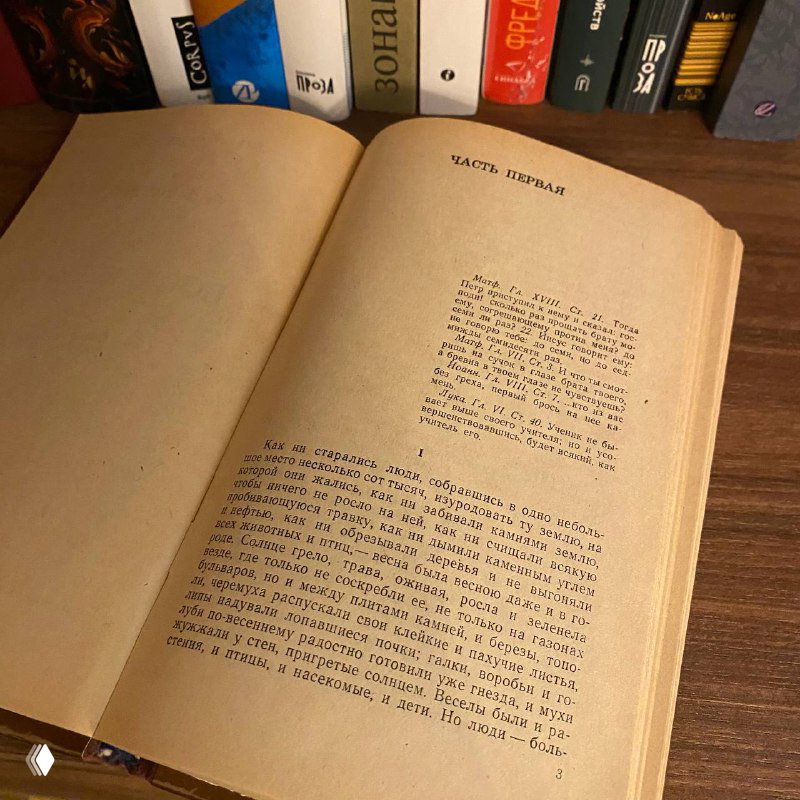 Открытая книга: видна первая страница и заголовок «Часть первая», на заднем плане книжная полка; снимок показывает старое издание романа.